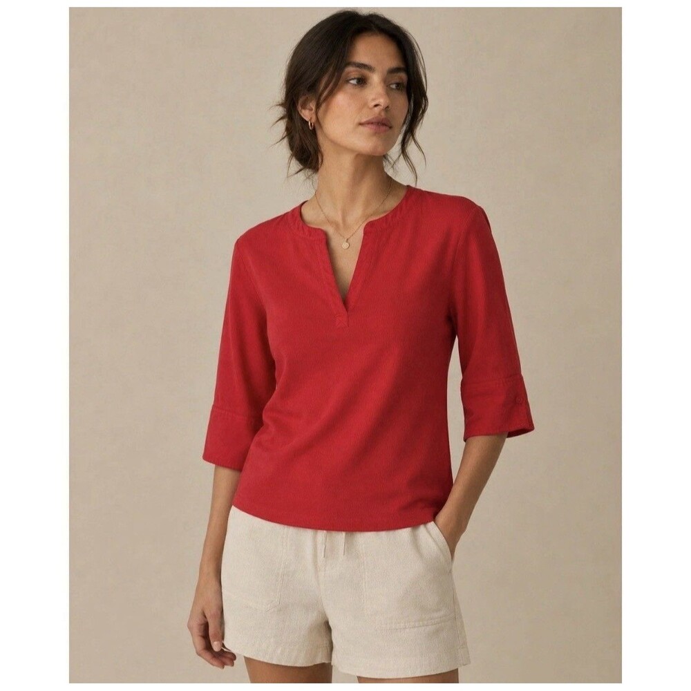 Maeve Anthropologie Red Ribbed Split Neck Top 3/4 Sleeve S